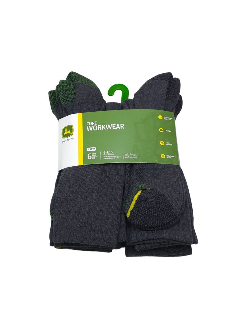 John Deere Core Workwear Crew Socks 6 Pairs Mens Reinforced Heel & Toe Cushion